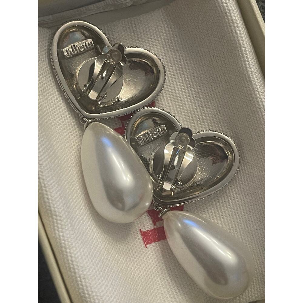 Julietta Frances Pearl Crystal Heart Clip Earrings Dangle Drop Metallic Silver - Picture 3 of 6